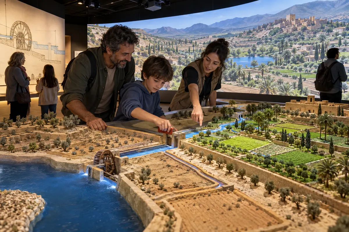 Un niño mueve una compuerta en una maqueta de regadío, rodeada por un paisaje proyectado