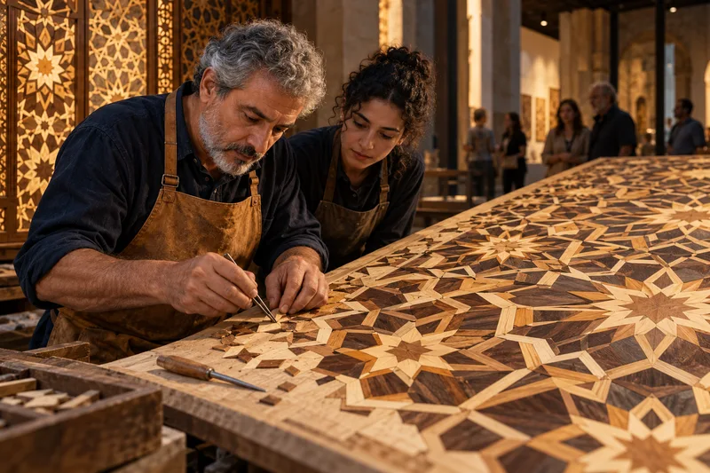 Envisaged museum workshop: a master marquetry artisan assembles a geometric wooden panel as an apprentice studies the technique