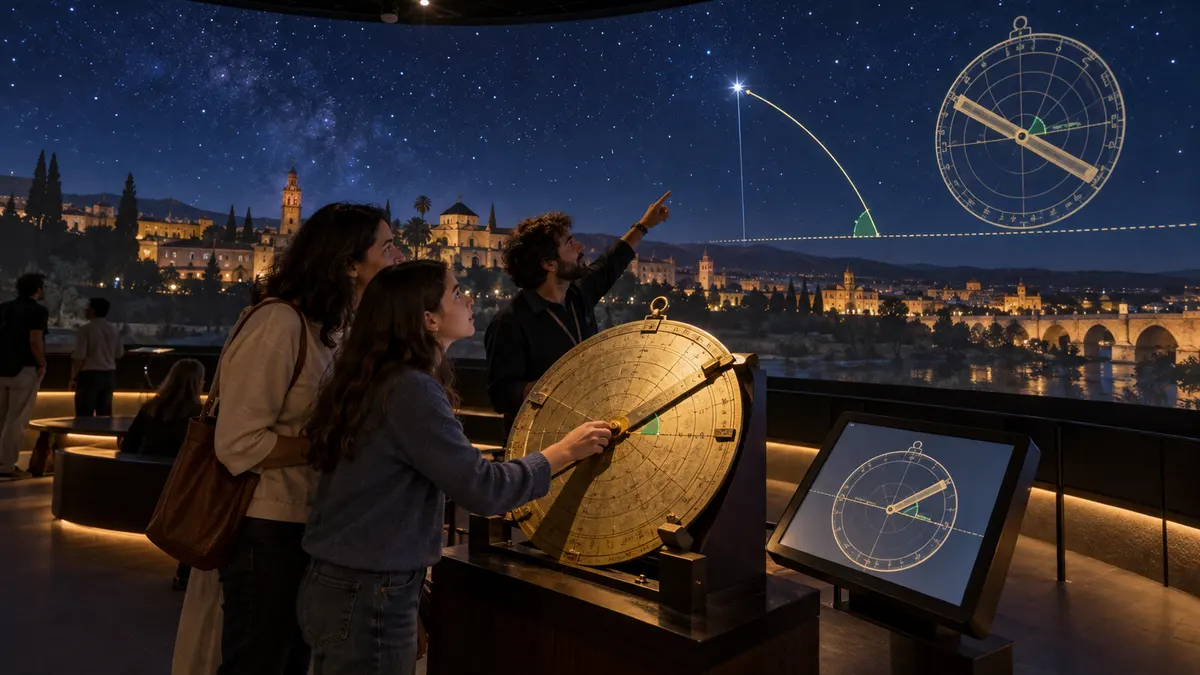 Una visitante maneja una réplica de astrolabio ante una proyección del cielo