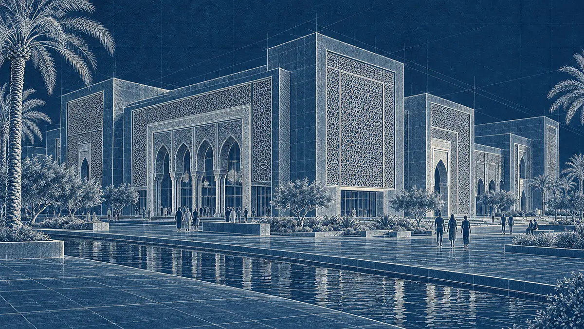 Lámina arquitectónica de la fachada y la plaza del futuro Museo Al-Andalus, con líneas claras sobre fondo azul