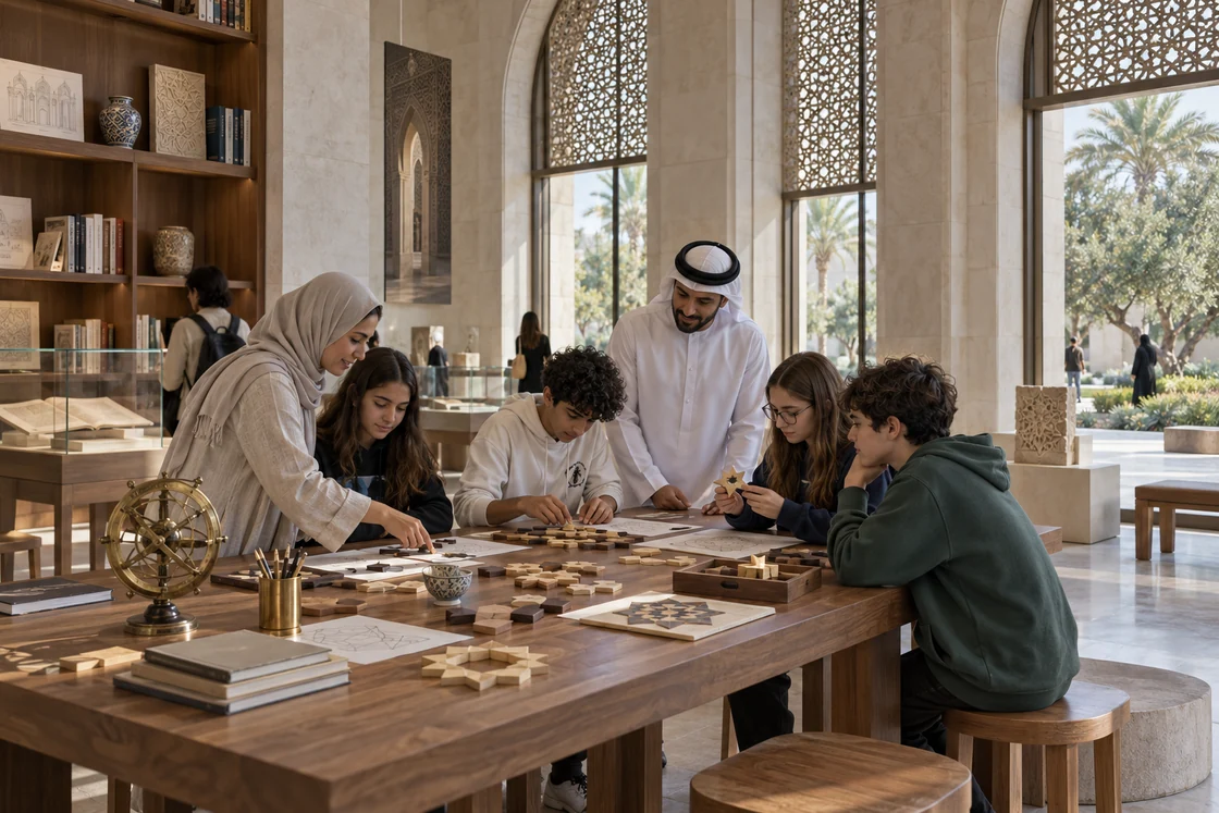 تصوّر للورشة التعليمية: طلاب ومعلّمون يصنعون أنماطًا هندسية معًا