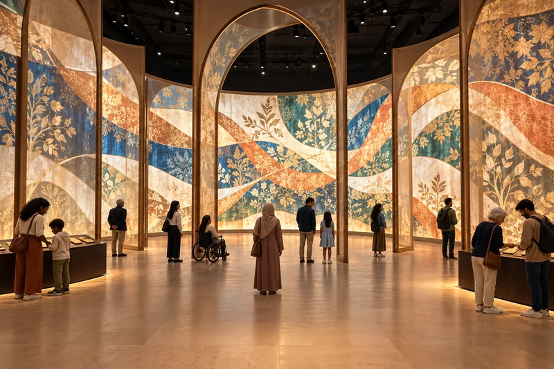 Sala inmersiva conceptual con arcos de proyección, velos translúcidos y una composición de luz que entrelaza distintas aportaciones de los visitantes.