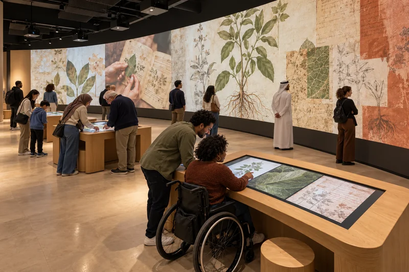 Sala conceptual de la experiencia Nadie empieza de cero, con mesas independientes y proyecciones botánicas.